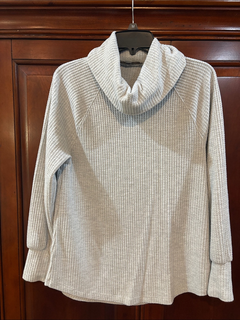 Cozy Waffle-Knit Cowl Neck Sweater - Light Gray